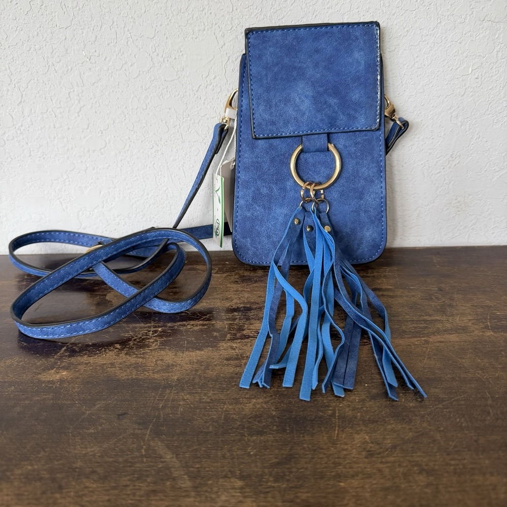 AR New York Cell Phone Crossbody Purse Blue Faux Leather Fringe Tassel Bag NWT